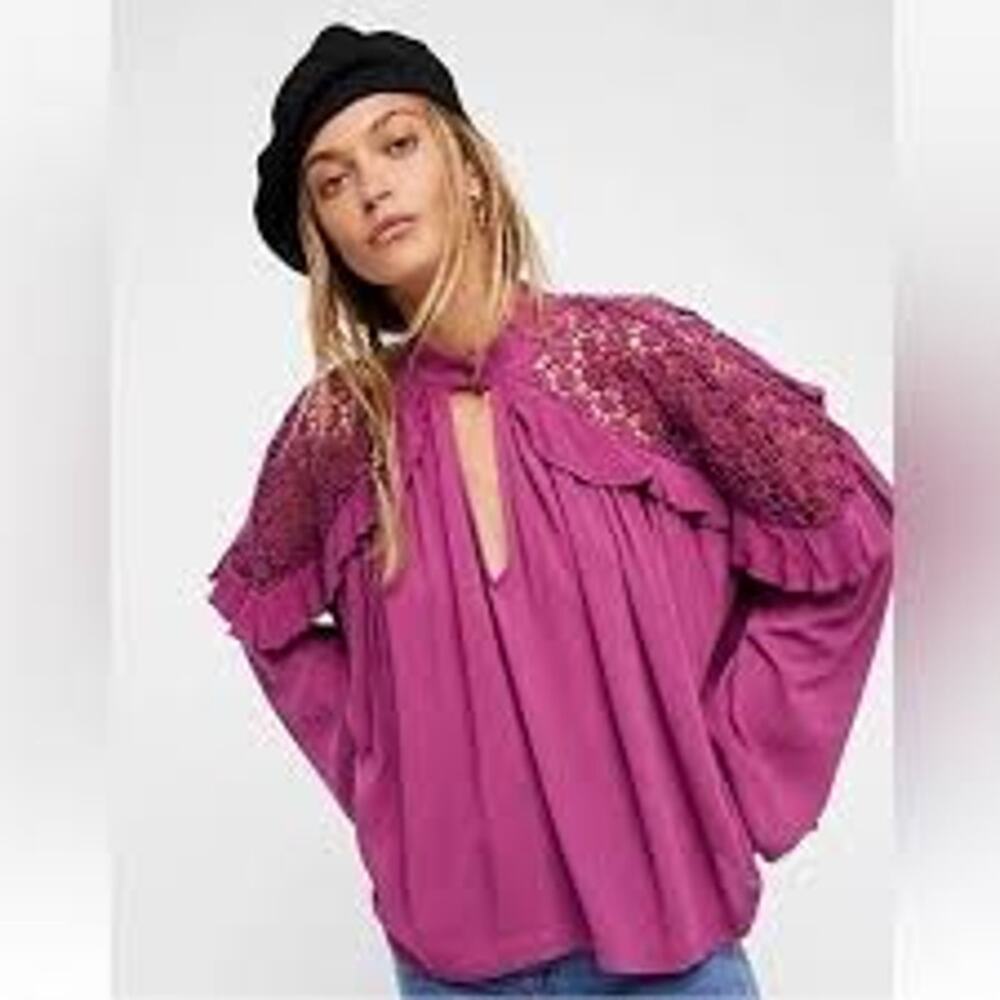 Free People "Lit Bit of Love" Magenta Purple Crochet Detail Blouse size Large